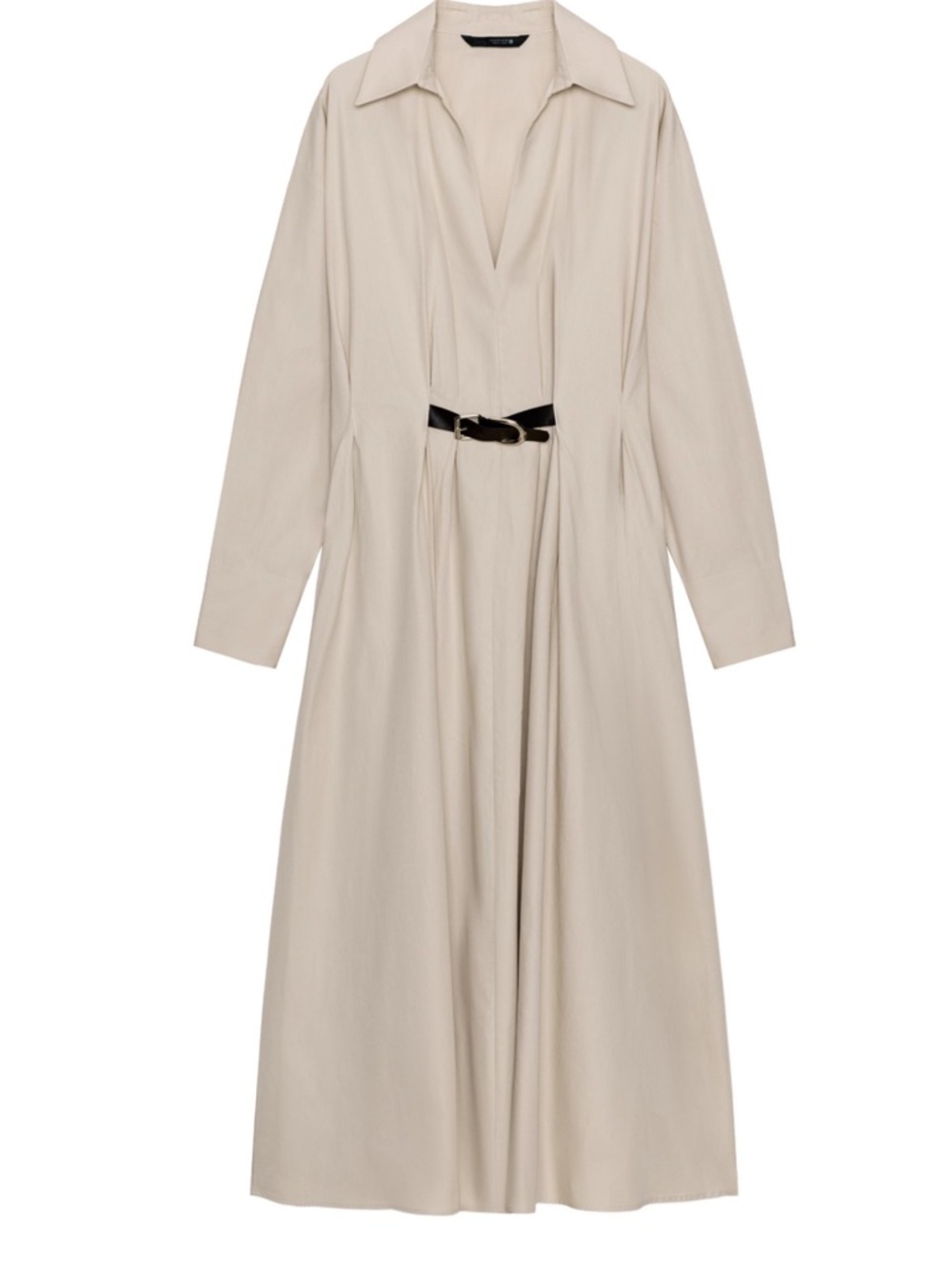 Beige Long Sleeve Midi Dress with Buckle Belt